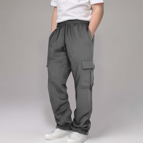 Youth Cargo Joggers Pants Elastic Waist Straight Sweatpants Boys Girls Fall School Warm Plain Long Pants with Pockets2