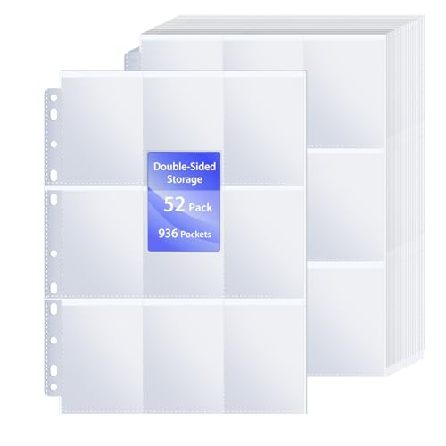 AIUNBEST Trading Card Sleeves 936 Pockets 52 Pack, Card Binder 9 Pocket Double-Sided 11 Hole Photocard Sleeves Transparent Card Protector A4 Sleeves Compatible with Pokemon Card