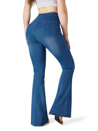 BlueRose Knit Stetchy Flare Jean for Women,Jean Leggings with Pockets High Waisted Pull on Bell Bottom Yoga Pants2