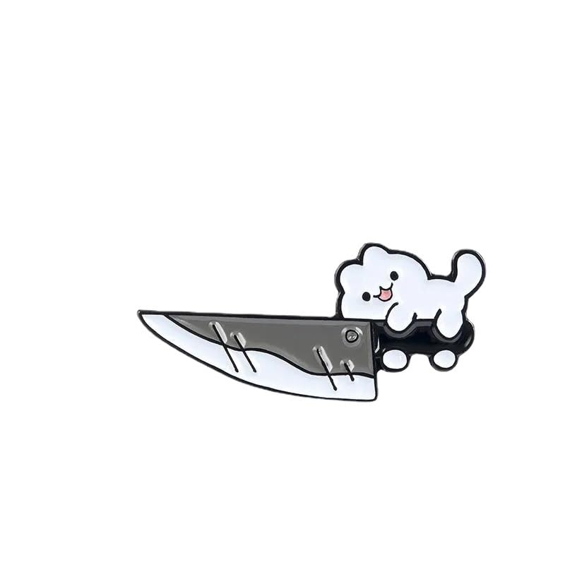 Broche chat émail blanc couteau pour customiser un vêtement triste et exprimer son humour