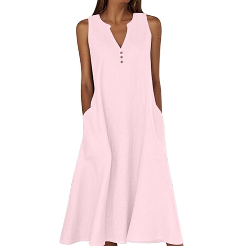SCBFDI Robe de Ceremonie Vetement en Lin Robe Longue Femme Pastel Mariage Soirée de Orientale Rouge Coton Été Robes Business Rose M Rose M