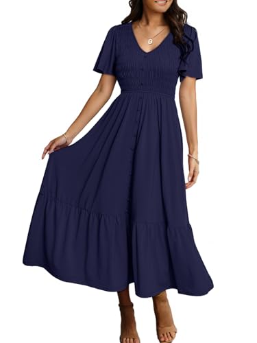 Image of Simplee Womens Summer Smocked Flowy Dress - Casual Flutter Sleeve Tiered Boho Maxi Dresses with Pockets