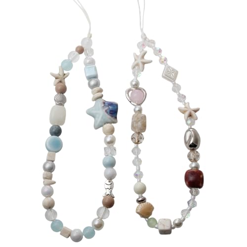 ANROFA 2Pcs Beach Style Phone Lanyard with Pearl Beads Cute Wrist Strap for Phone & Camera Universal Charm for Women Girls