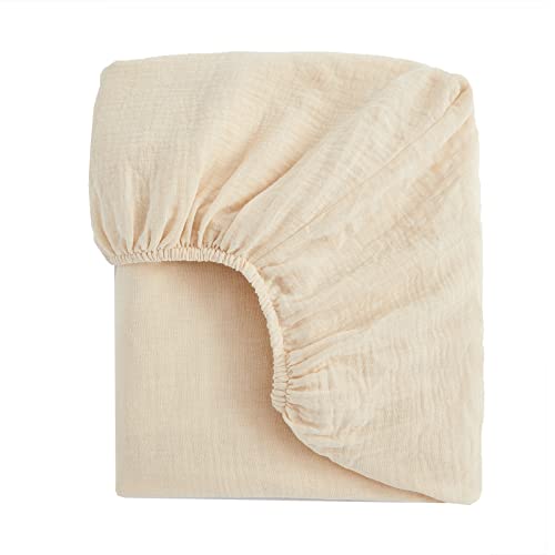 Image of POSENPRO Muslin Fitted Cotton Crib Sheets for Baby Boys Girls, Solid Color Toddler Bed Sheets for Standard Crib and Toddler Mattresses, 28"x52"x8", Beige