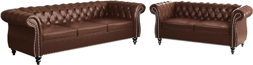 Image of WOODEN WORLD Modern & Classic Leather Sofa Set - Luxurious Comfort, Stylish Design, and Durable Build (Brown, 3+2 Seater)