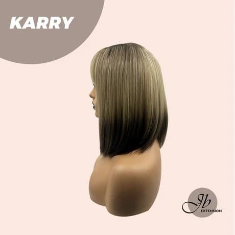 Miniatura 4 de KARRY - Peluca corta estilo Bob con flequillo, rubio mixto con extremos oscuros, bicolor, recta, sin pegamento, para fiesta, Halloween, pelucas para