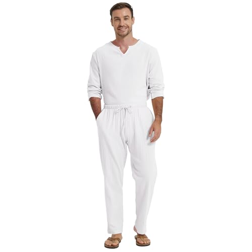 ANBOBER Conjunto masculino de 2 peças de linho de algodão manga comprida Henley camisa casual de pra