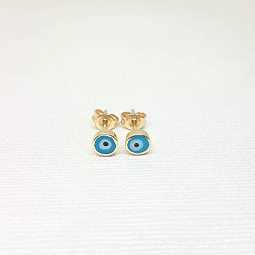Evil Eye Stud Earrings Lucky Luck Nazar Protection For Women Jewelry 14K Yellow Gold Tiny Charm Dainty Turquoise or Navy Blue
