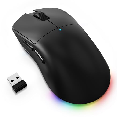 A.JAZZ NJ08 Mouse Gaming Wireless Trimodo, 1000Hz 70g Leggero, PC Mouse Ergonomico Medio-Grande, 12800 DPI 6 Livelli, Bluetooth/2.4G/USB-C, RGB Ricaricabile per Laptop/Mac - Nero