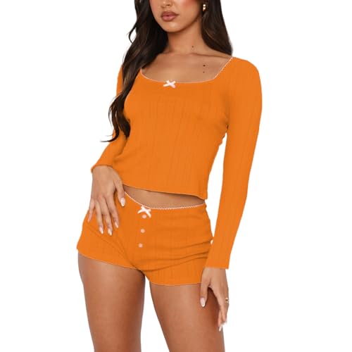 Image of Women's Two Piece Outfit Lace Trim Top and Shorts Set 2 Piece Lounge Sets Ladies PJs Summer Clothes