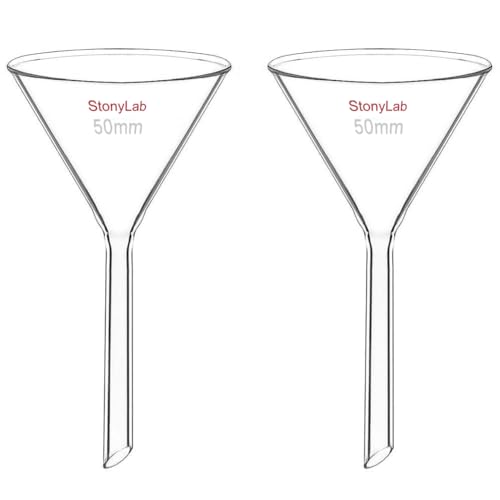 StonyLab 2-Pack Glass Heavy Wall Funnel Borosilicate Glass Funnel, Short Stem 50mm Diameter, 50mm Stem Length