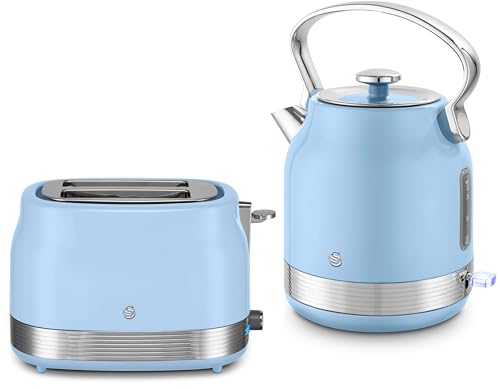 Swan Retro Revive Blue Traditional 1.7L 3KW Kettle & 2 Slice Toaster. Stovetop Inspired Design Kettle & Toaster Matching Retro Design Kitchen Electrical Set in Blue