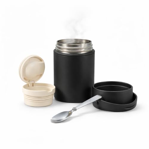Image of daiDokoro 316 Stainless Steel Vacuum 500ml Insulated Lunch Box /Food Jar with Foldable Spoon Lid | Leak Proof Container, Double Wall Hot & Cold Storage, Portable Soup Jar for Office, Travel (Black)
