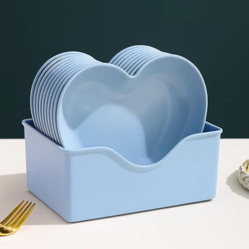 Image of DEVAR Plastic Heart Shape Snack & Dessert Plate Set for Kids with Stand | Lightweight, Eco-Friendly & Microwave Safe Chat Plates | Wheat Straw Fiber | Set of 10 (Blue)
