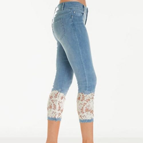 Womens Lace Hem Denim Capri Leggings w/Pockets,High Waist Skinny Stretchy Capri Jeans Tummy Control Jeans Crop Pants2