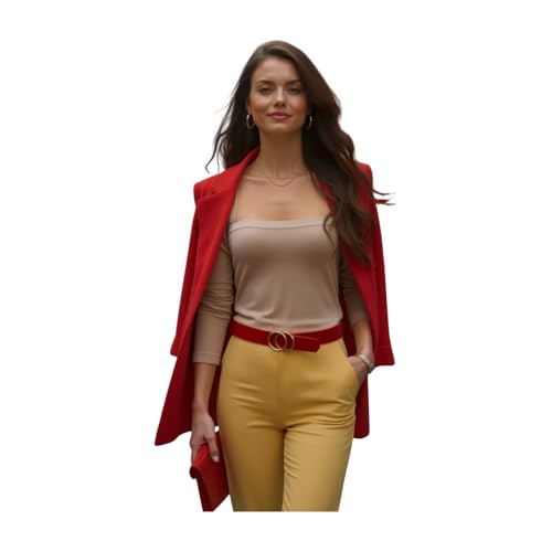 Women Red Color Fashion Belt - Hip Waist Skinny Faux Patent Leather Gold Circles Buckle M L z079