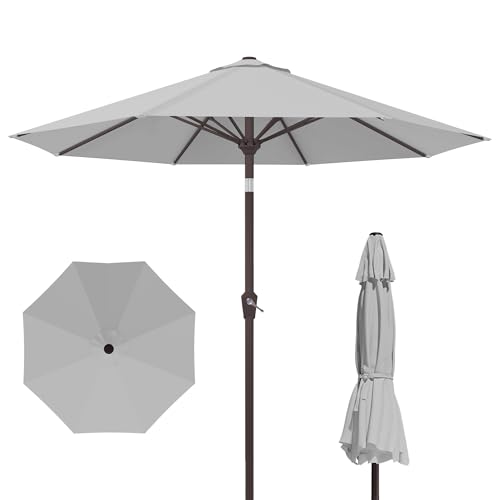 Kingdura 9FT Outdoor Patio Umbrella Round Market Table Umbrella with PushButton Tilt and Crank Lift 8 Sturdy Metal Ribs UV50+ Protection Canopy for Backyard Lawn Deck Poolside Garden (Light grey)