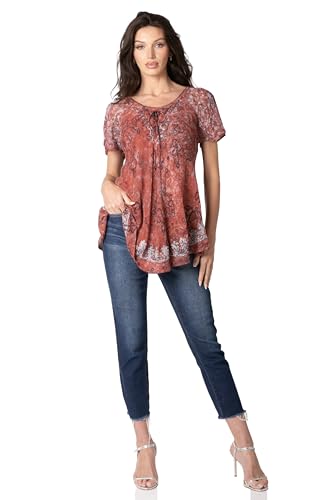 Image of Sakkas Ash Speckled Tiedye Embroidered Cap Sleeve Blouse Top with Embroidery Hems