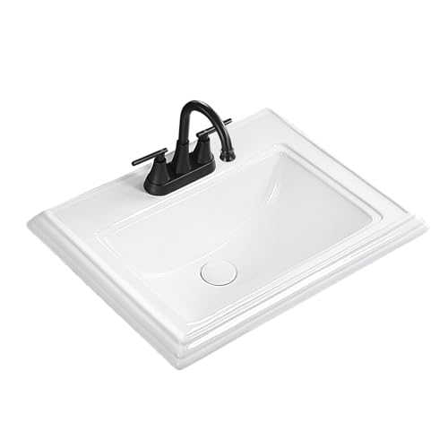 KMOEM Drop In Bathroom Sink 23"x18" With 4 In Centerset - 3 Hold White Porcelain Ceramic Modern Rectangular Vessel Sink Basin with Overflow and Three 1.18" Faucet Holes for Vanity Top
