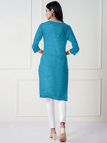 Image of rangita Turquoise Rayon Knee Length Printed Straight Kurti for Women | Kurta for Women