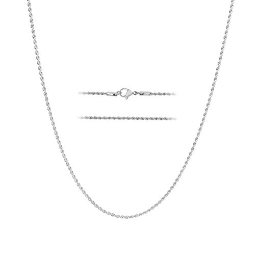 KISPER 24k White Gold Rope Chain Necklace –Thin, Dainty, White Gold Plated Stainless Steel Jewelry for Women & Men with Lobster Clasp