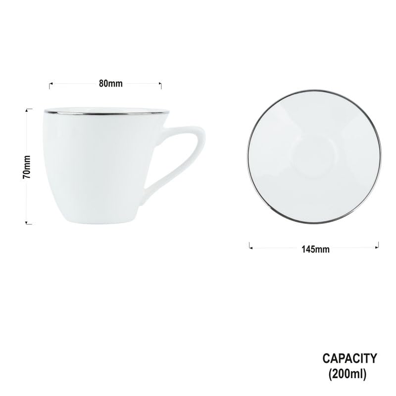 Image of Dandy Lines Alpine Platinum Band Cup and Saucer Set, Luxury Tea Cups with Saucer, Bone China, Pack of 12, Microwave & Dishwasher Safe, Great for Hosting & Gifting