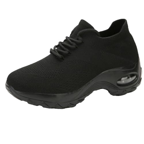 Women's Knitted Platform Air Cushion Walking Shoe Round Toe Lace-Up Comfortable Breathable Mesh Sneakers