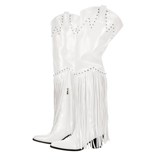 Image of richealnini Western Thigh High Cowboy Boots with Fringe Over Knee Wide Calf Cowgirl Boots