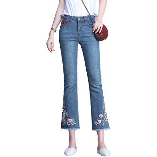 Women Floral Embroidered Skinny Flare Ankle Jeans High Waist Bell Bottom Denim Pants Washed Destroyed Raw Hem Jean (Blue,32)