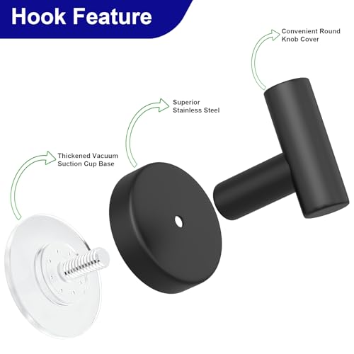 Image of Suction Cup Hooks for Shower, Stainless Steel Towel Hooks for Bathroom Wall, Glass Door, Kitchen, Mirror, Tile, Shower Hooks for Hanging Towels, Robes, Bath Balls (2 Pack，Black)