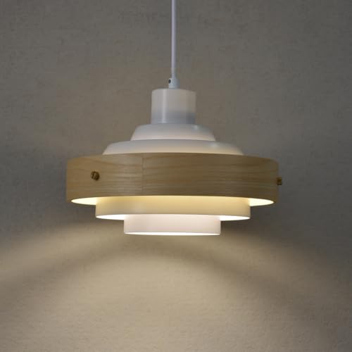 Lampe de salon, suspension blanche à 1 flamme, suspension en bois de style mid-century avec abat-jour en aluminium de 30 cm de diamètre, E27, moderne,...
