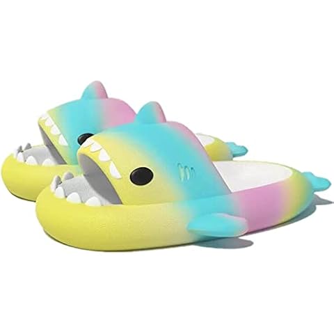 kaitesi Cute Gradation Shark Slippers Beach Shoes 4CM Thick Soft Sole Summer Shark Slides for Women and Men EVA Non-Slip Bathroom Slippers Sandals indoor and Outdoor, Yellow+green+pink, 5.5-6 Cover