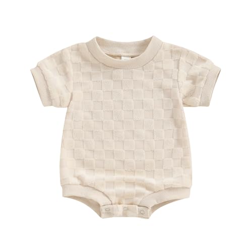 Newborn Baby Boys Girls Bubble Romper Cute Short Sleeve Crew Neck Checkerboard Bodysuit Infant Summer Playsuit
