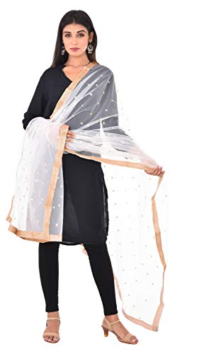 Image of YOUTHQUAKE Women's Net Embroidered Full Size Dupatta With 4 Side Golden Lace