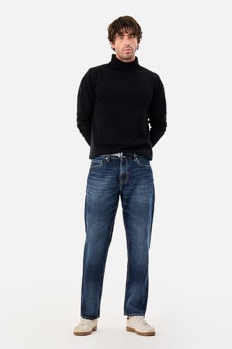 Image of SNITCH Men Casual Jeans | Relaxed Fit Straight Leg Washed Pattern & Drawstring Closure | 100% Cotton Denim Fabric for All Day Comfort & Everyday Wear