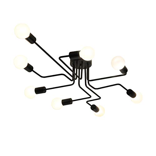 Plafonnier vintage 8 lumières E27 en métal noir semi-encastré