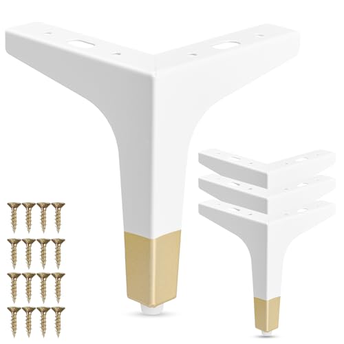 La Vane - Set de 4 patas de mueble de metal (17 cm de altura) Blanco/Oro - Diseño de triángulo de diamante para armario, sofá, sillón y estantería | Patas de repuesto estables con tornillos | Montaje