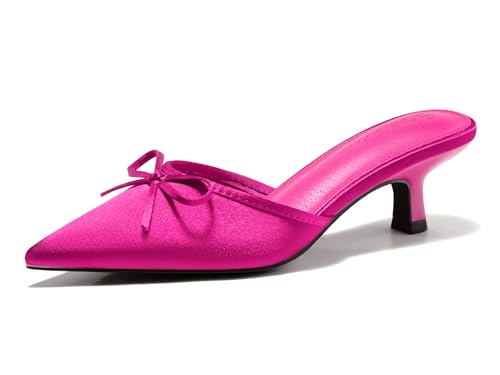 Image of Coutgo Womens Kitten Heels Mules with Bow Satin Slip on Pumps Closed Pointed Toe Dress Wedding Party Shoes