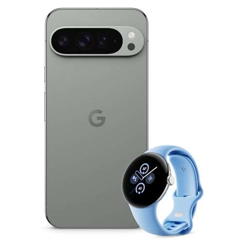 Google Pixel 9 Pro XL - Android-Smartphone mit Gemini ohne SIM-Lock - Hazel, 128GB + Pixel Watch 2 - Aluminiumgehäuse in Polished Silver, Sportarmband in Bay, WLAN