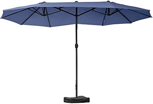 Outsunny Patio Umbrella 15' Steel Rectangular Outdoor Double Sided Market with base, Sun Protection & Easy Crank for Deck Pool Patio, Dark Blue