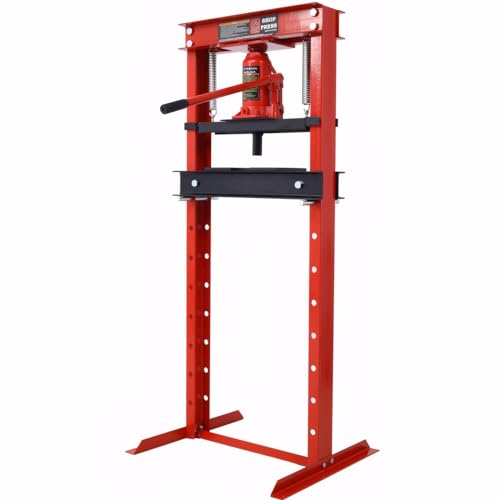 12 Ton Hydraulic Shop Press - Heavy Duty Hydraulic Press H-Frame Floor Mount Benchtop Hydraulic Shop Press with Press Plates Adjustable Working Table Height Shop Press for Car Repair and Garage, Red