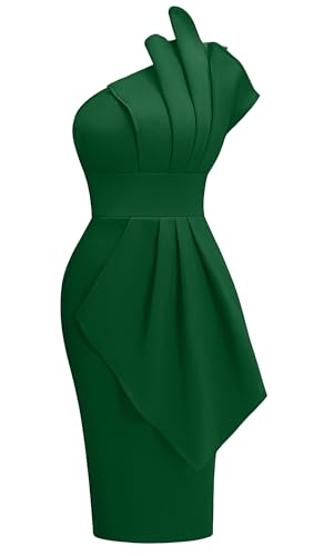 Memoriesea Women's Elegant One Shoulder Pleated Detail Bodycon Party Club Midi Dress Green