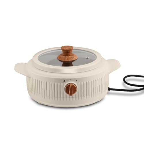 Image of Jaypee Plus Electric CookSmart Casserole with Teflon NonStick Coating Bowl for Reheating & Cooking, Serving Casserole Wooden Finish Lid & Regulator Knob Toughened Glass Lid, 1500 ml, Ivory