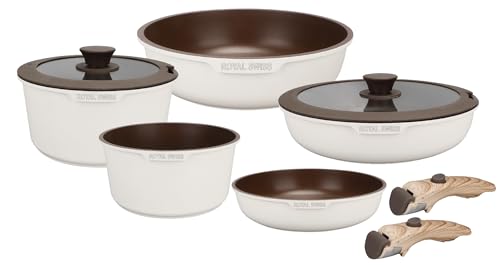 Royal Swiss® - Batería de cocina de inducción de 9 piezas - 2 asas extraíbles - Conjunto de cacerolas con tapa para todas las fuentes de calor - Beige - Cacerolas y sartenes libres de PFOA - PFAS (9)