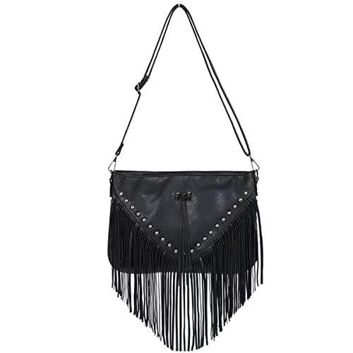 Image of IAMUHI Casual Rivets Fringed Shoulder Handbag for Women,Soft Vegan Leather Hippie Crossbody Purse Bag Hobo Bag