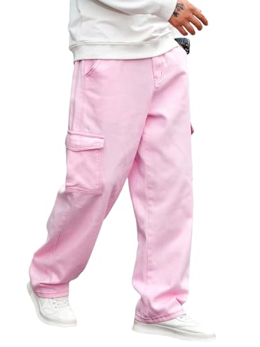 WDIRARA Men's Textured Cargo Jeans Straight Leg Denim Biker Pants with Multi Flap Pockets