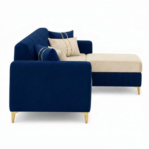 Image of CASASTYLE Noviq 4 Seater L Shape Sofa Set with Movable Ottoman | Flexible Left or Right Layout | Cozy Velvet Fabric | Soft Touch Seating | Modern Designer Sofa for Living Room (Dark Blue-Cream)