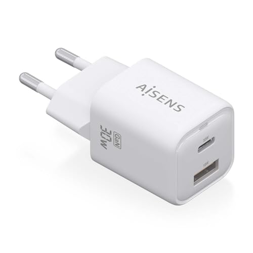 AISENS   ASCH 30W2P020 W   Cargador GAN 30W, 1XUSB C PD3.0 QC4.0, 1XUSB A QC3.0, Blanco