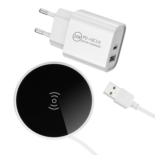 JUNKER - Caricabatterie Wireless WLC-02 (Lega di Alluminio, Nero, Ø 74 mm) / Caricabatterie USB da Tavolo con Alimentatore/Incorporabile in Mobili/Caricatore a Induzione per Smartphone Compatibili