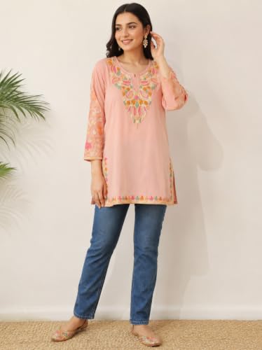 Image of HAUTEMODA Women Cotton Floral Embroidered Short Kurti, Tunic, Three-Fourth Sleeves, White